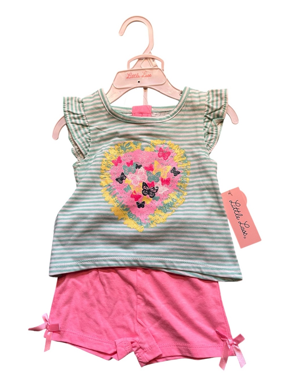 Little Lass Two Piece Set - Aqua and White Striped with Pink Shorts